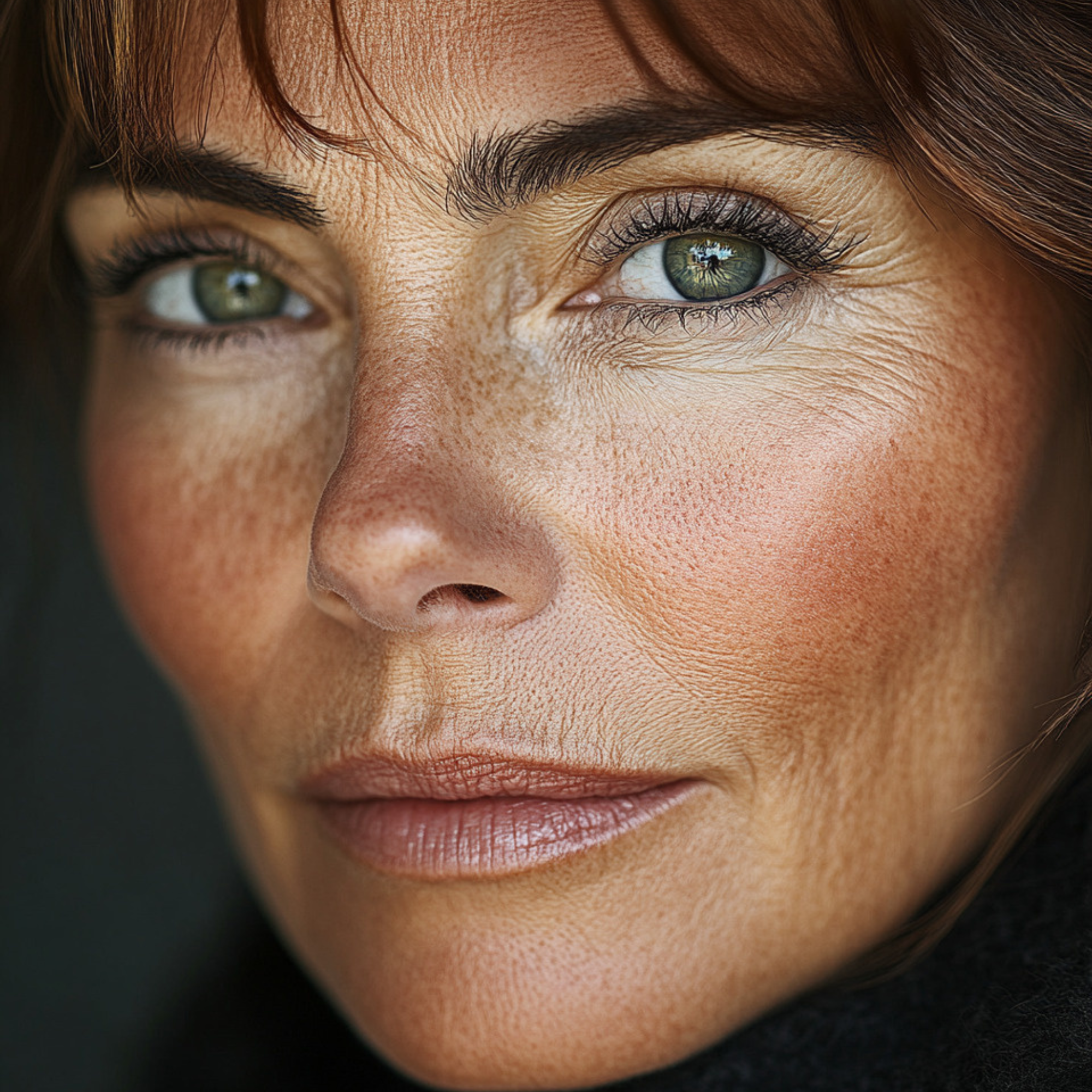 Close-up of a woman's face with a neutral expression