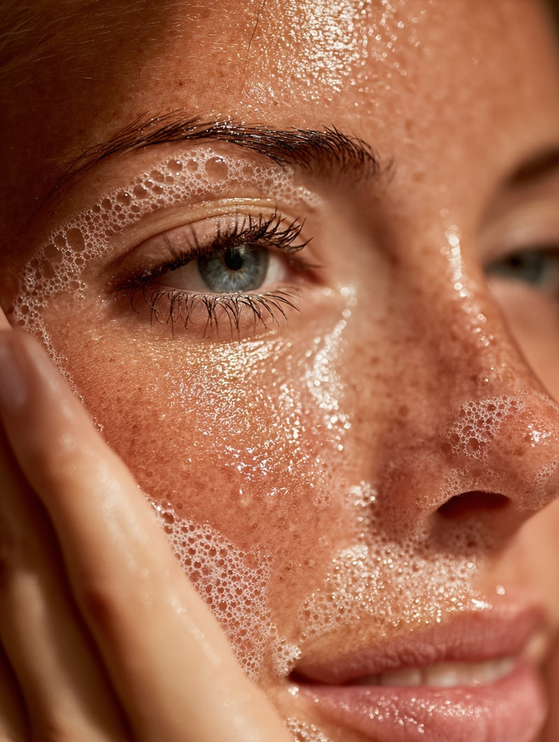 Close-up of a person's face with foamy cleanser on skin