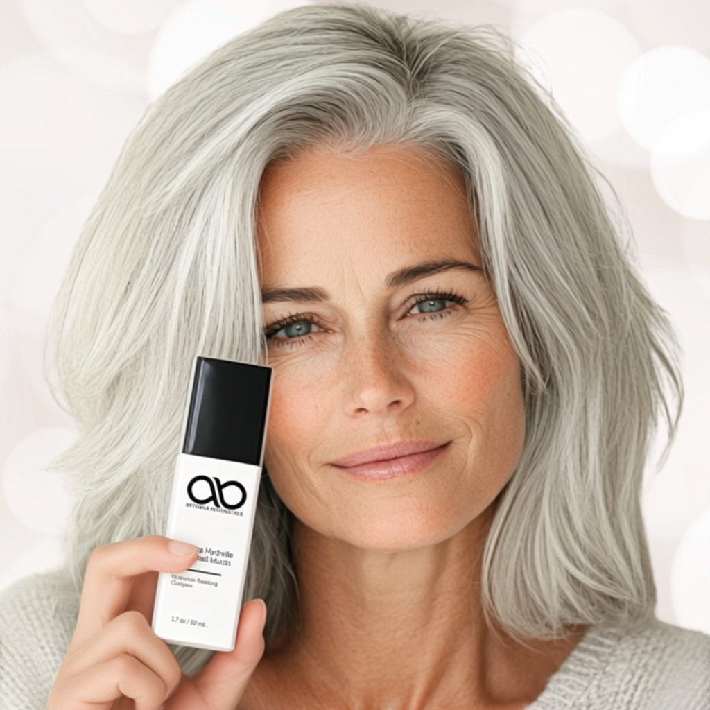 Woman with gray hair holding a skincare product with 'ab' branding.