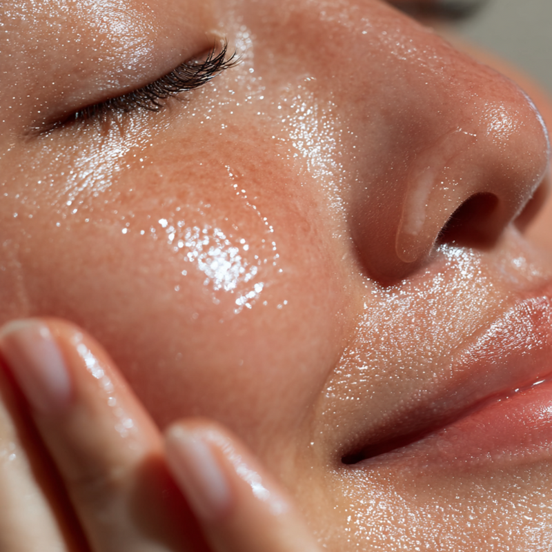 Close-up of hydrated skin applying Aeterna Hydrélle with Snail Mucin, boosting moisture and glow