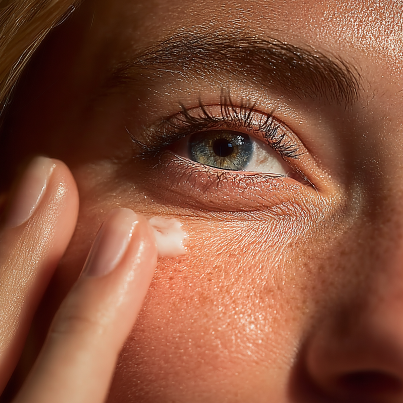 Aeterna Lift + Bright Eye Serum lifestyle skincare image for women over 40 and mature skin.